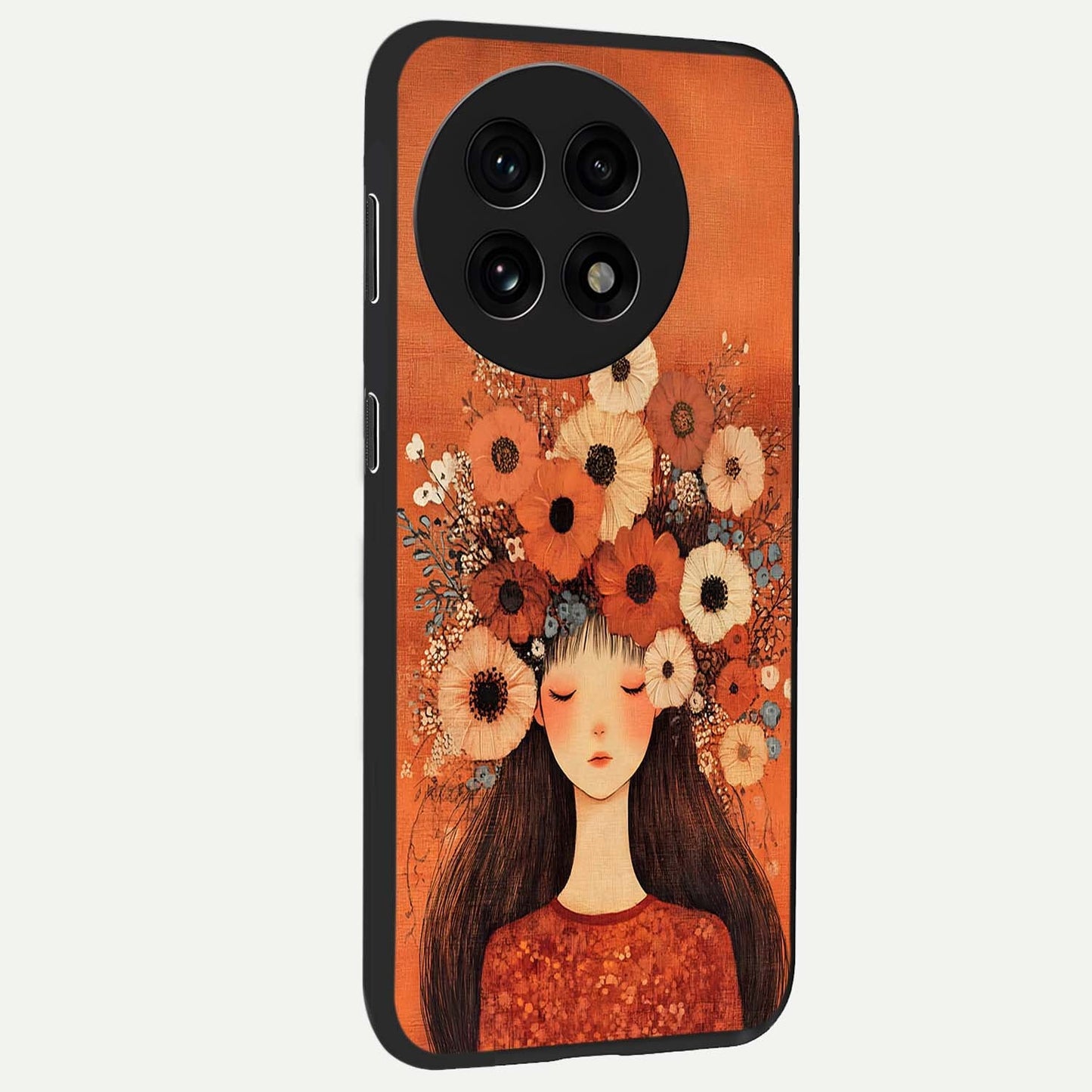 Radiant Flower Thoughts Glass Case for 1+13R side perspective highlighting refined textures and smooth build