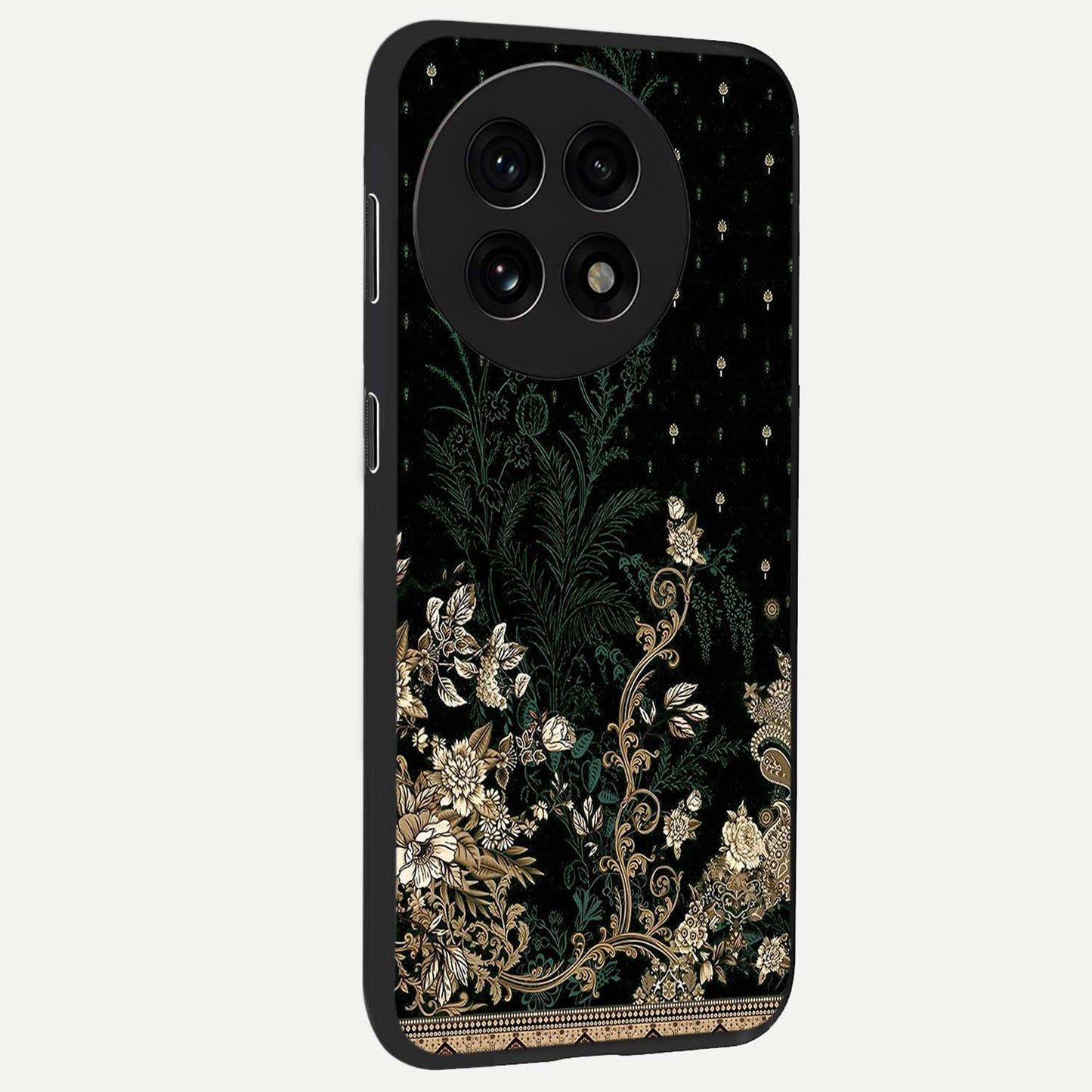 Regal Botanical Tapestry Glass Case for 1+13R side perspective highlighting detailed floral textures and sleek premium build