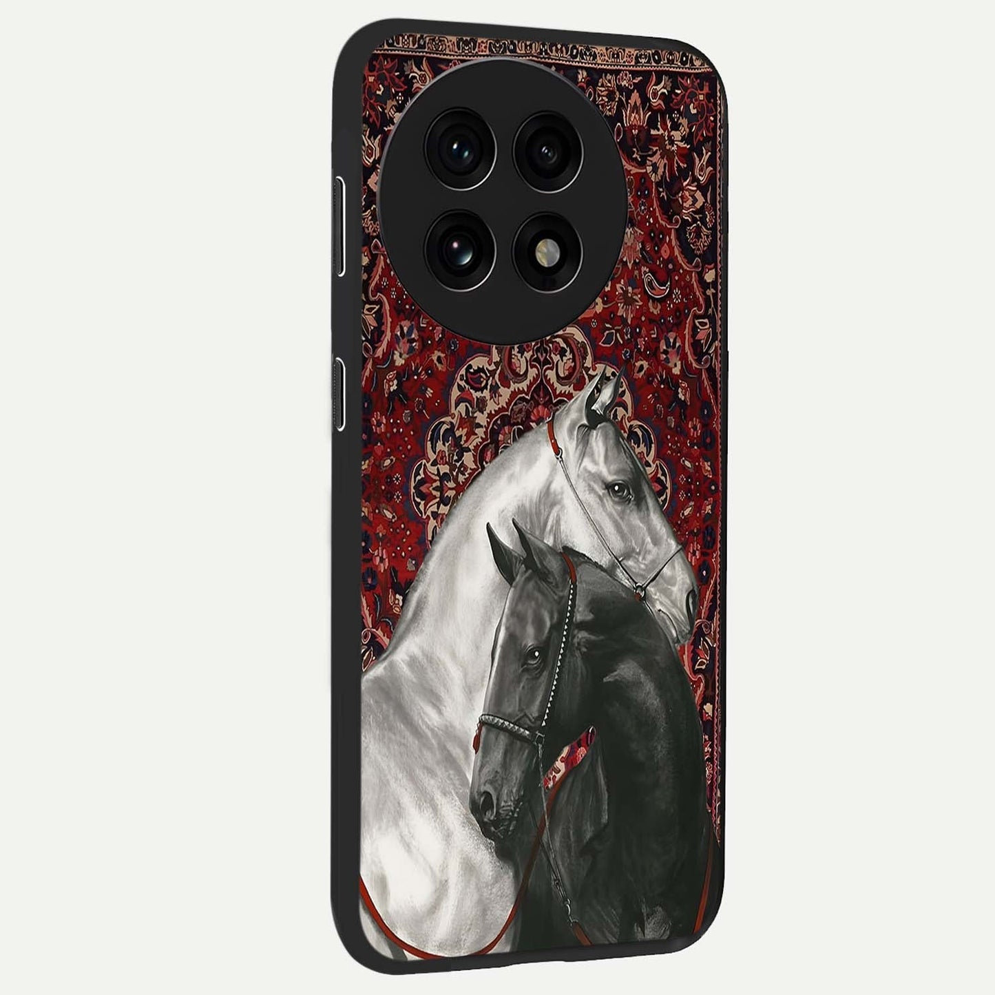 Regal Stallion Tapestry Glass Case for 1+13R side perspective highlighting intricate equestrian textures and premium edges