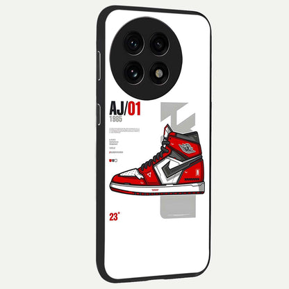 Retro Sneaker Blueprint Glass Case for 1+13R side perspective highlighting sharp graphic textures and sleek build