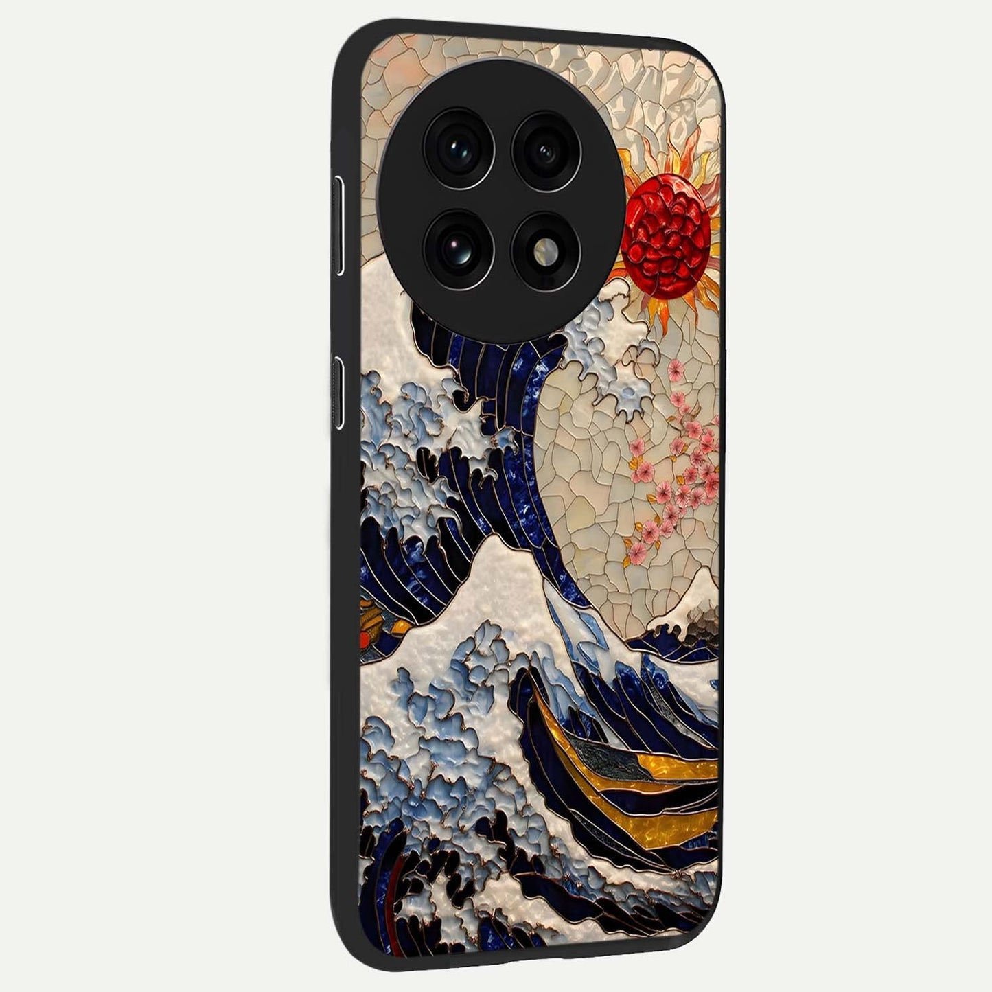 Rising Wave Glory Glass Case for 1+13R side perspective highlighting fluid wave textures and sleek premium build
