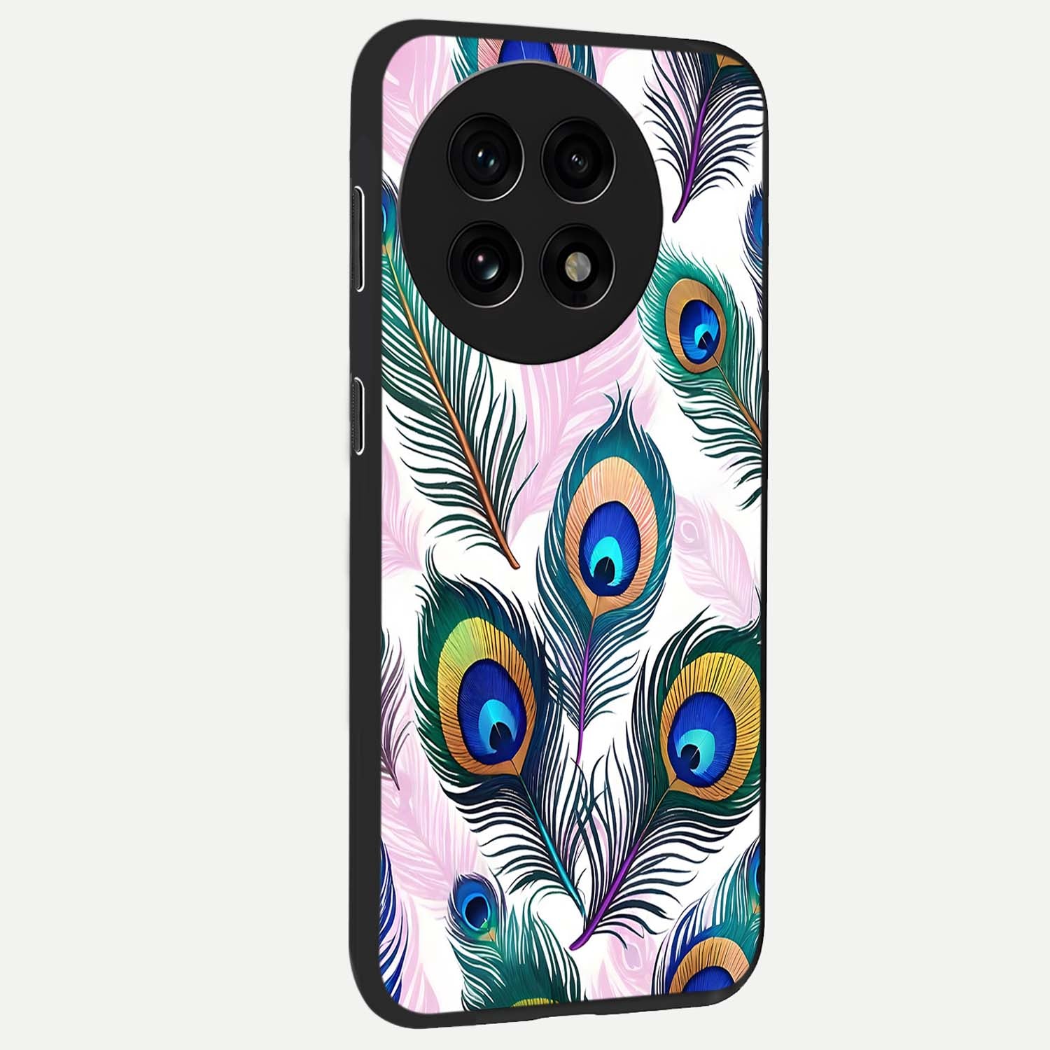 Royal Peacock Feathers Glass Case for 1+13R side perspective highlighting intricate plume textures and sleek premium build