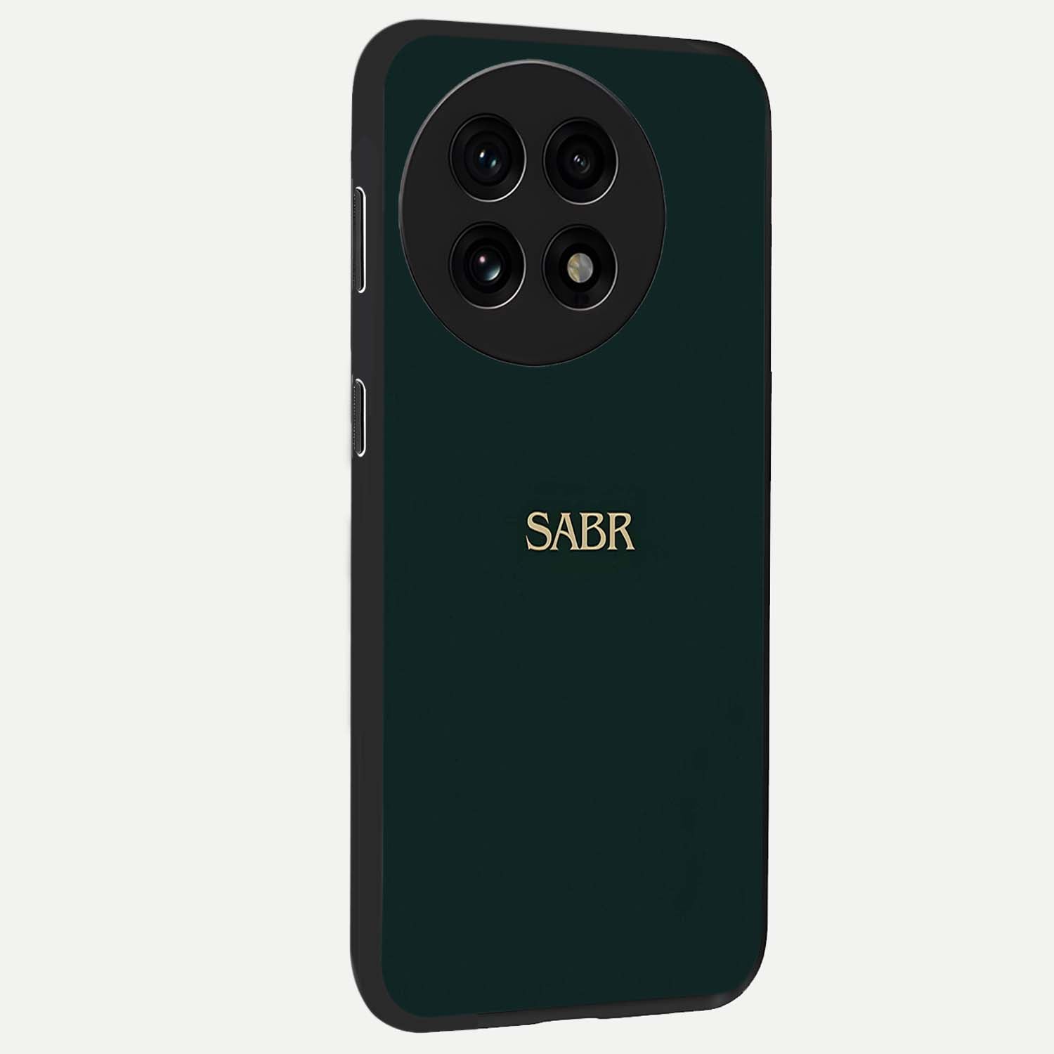 Sabr Minimal Patience Glass Case for 1+13R side perspective highlighting elegant text detailing and sleek build