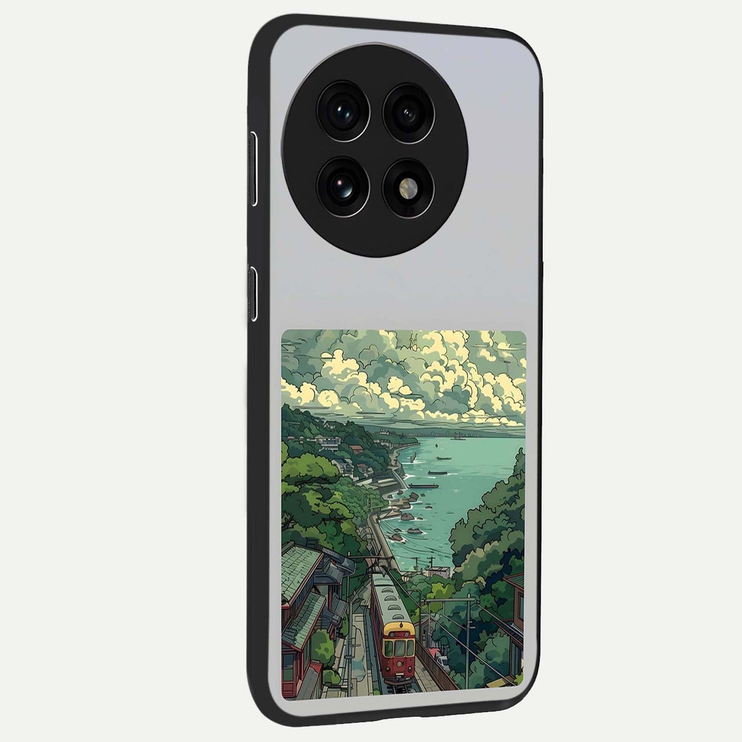 Seaside Train Ride Glass Case for 1+13R side perspective highlighting detailed scenery textures and premium edges