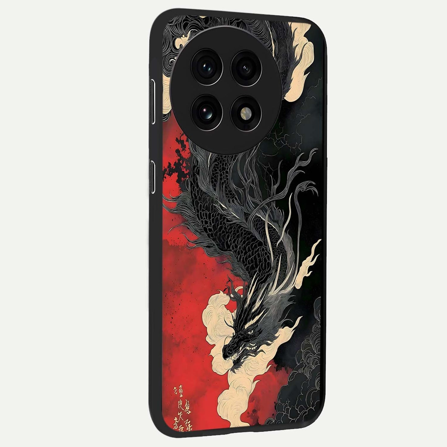Shadow Dragon Fury Glass Case for 1+13R side perspective highlighting sharp dragon textures and sleek premium build