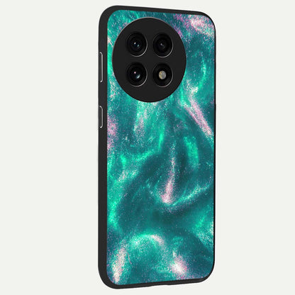Shimmering Nebula Waves Glass Case for 1+13R side perspective highlighting luminous textures and smooth build