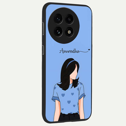 Soft Hearts Girl Glass Case for 1+13R side perspective highlighting delicate illustration textures and smooth build