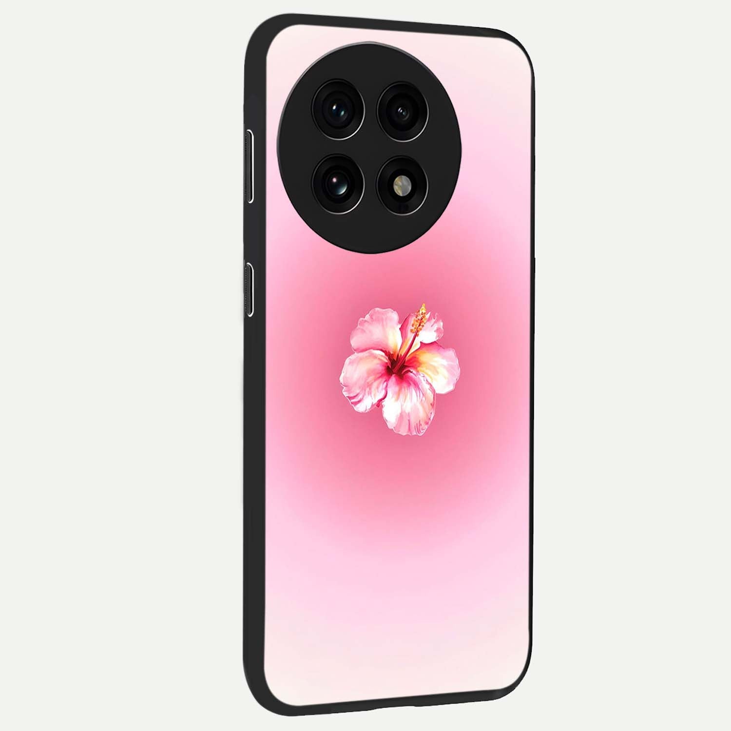 Soft Petal Serenity Glass Case for 1+13R side perspective highlighting refined petal textures and premium edges