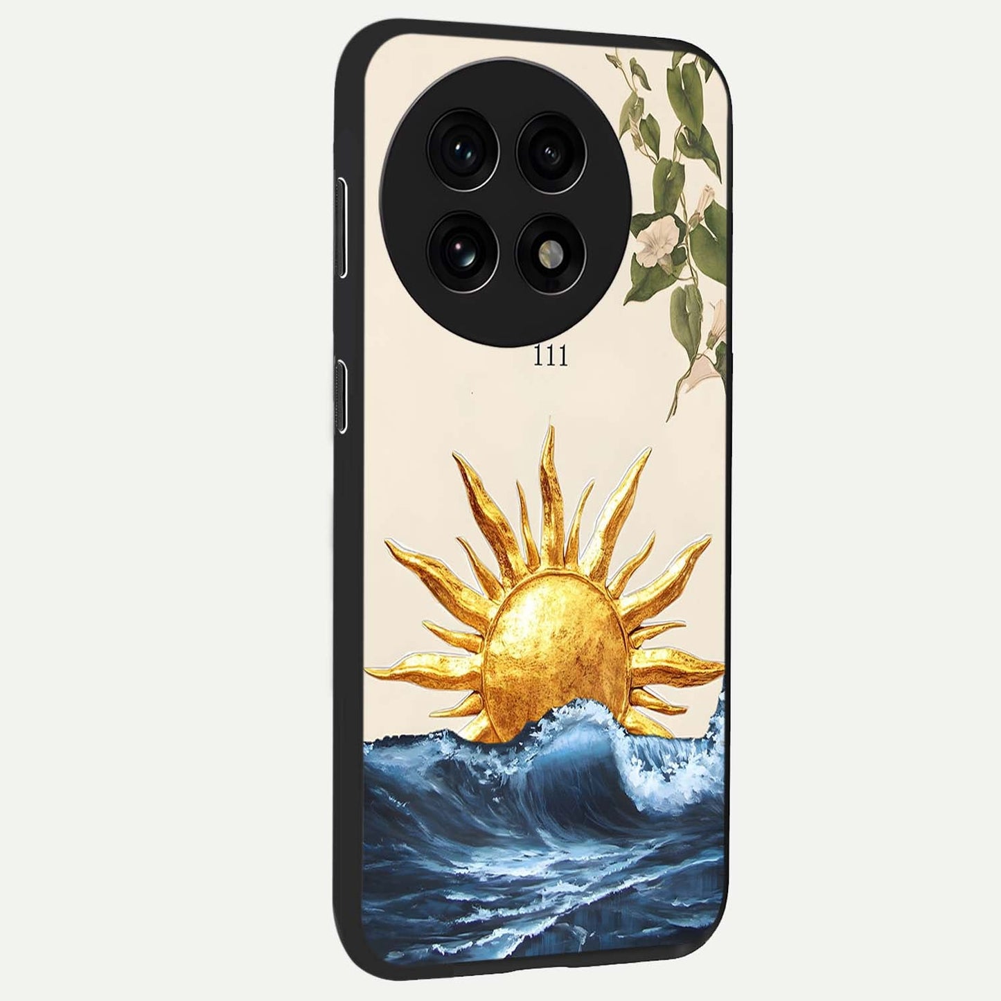 Solar Wave Bloom Glass Case for 1+13R side perspective highlighting radiant textures and premium edges