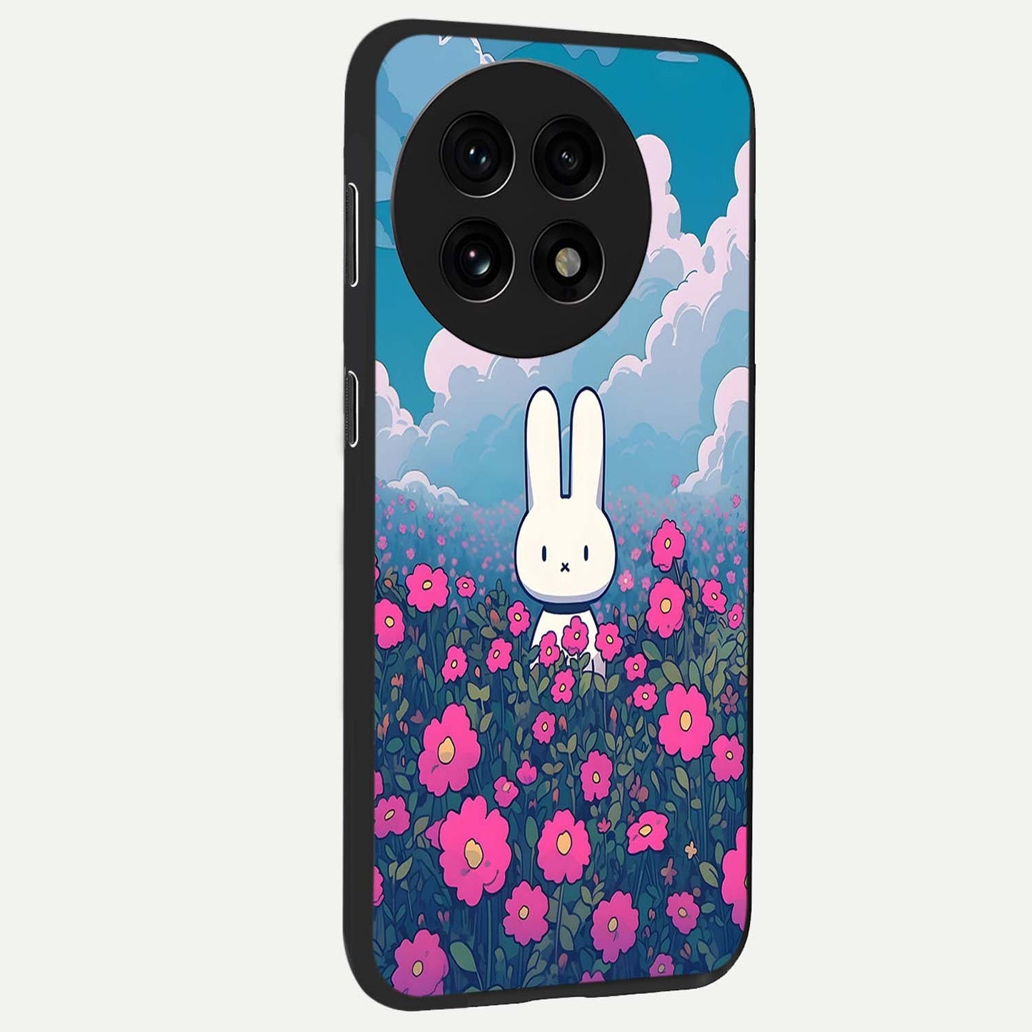 Springtime Blossom Bunny Glass Case for 1+13R side perspective highlighting charming illustration textures and premium edges