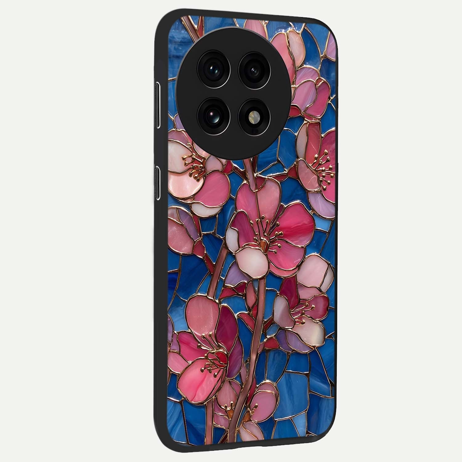 Stained Bloom Grace Glass Case for 1+13R side perspective highlighting intricate bloom textures and smooth premium build