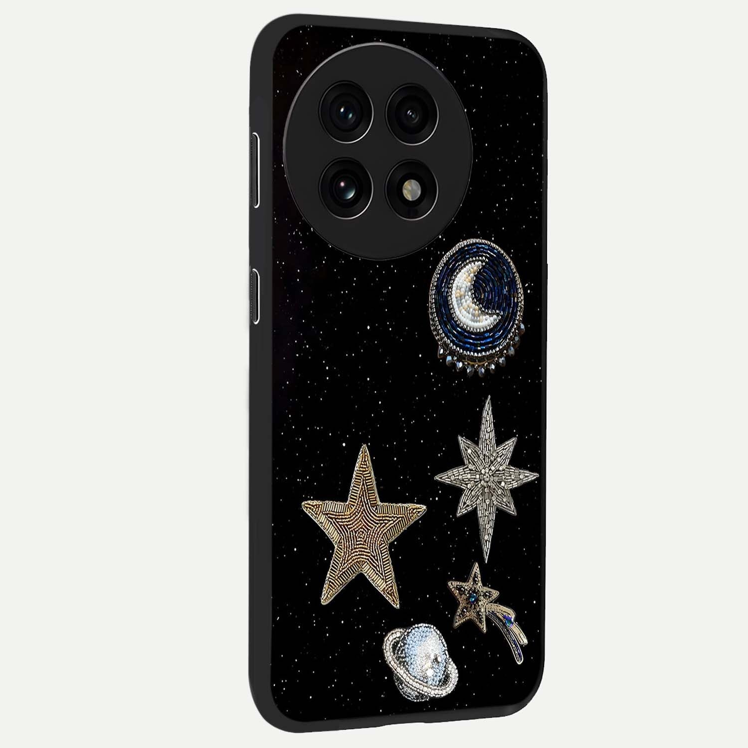 Starlit Cosmic Dreams Glass Case for 1+13R side perspective highlighting luminous textures and premium edges