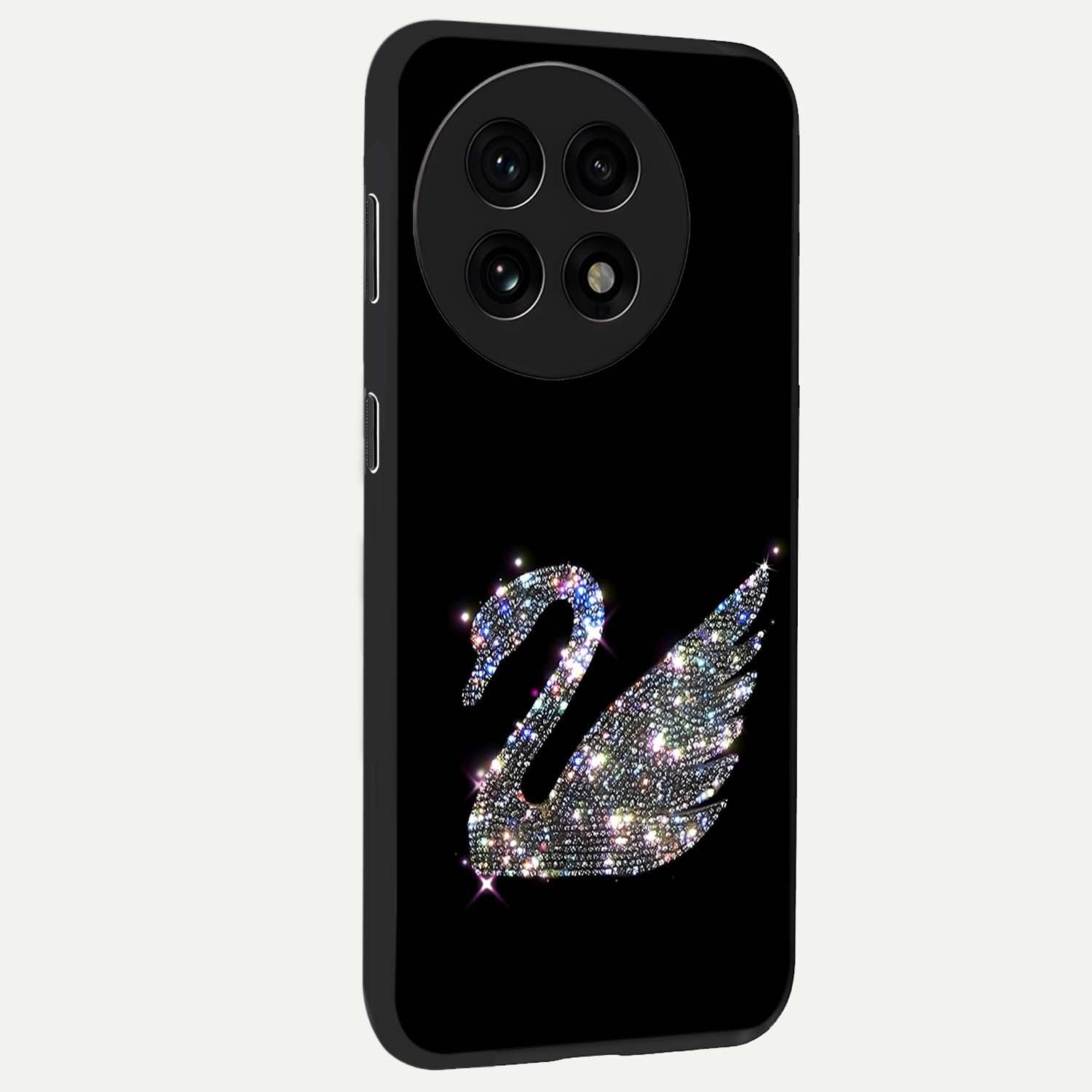 Starlit Swan Grace Glass Case for 1+13R side perspective highlighting elegant feather textures and smooth build