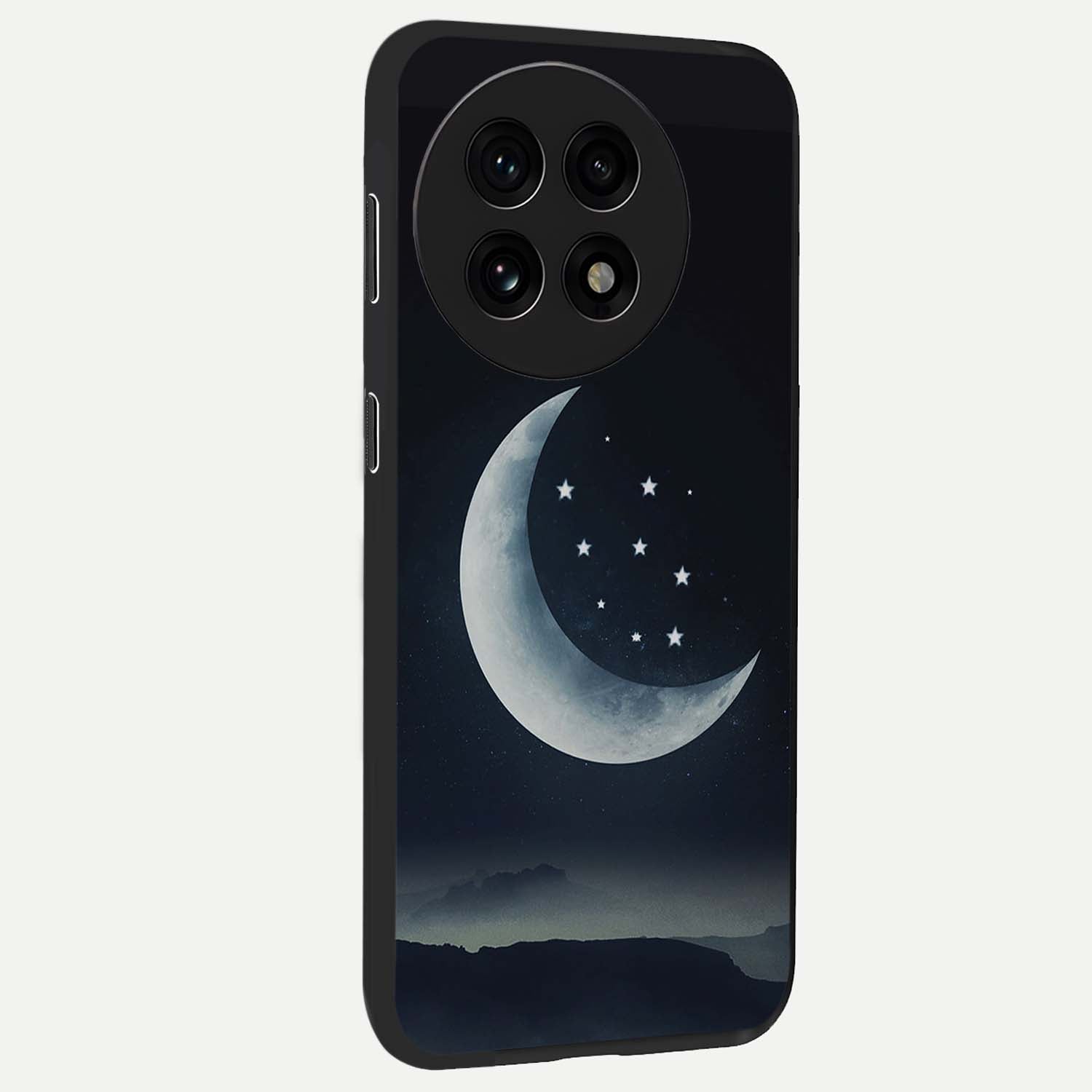 Starry Moon Pattern Glass Case for 1+13R side perspective highlighting celestial textures and premium edges