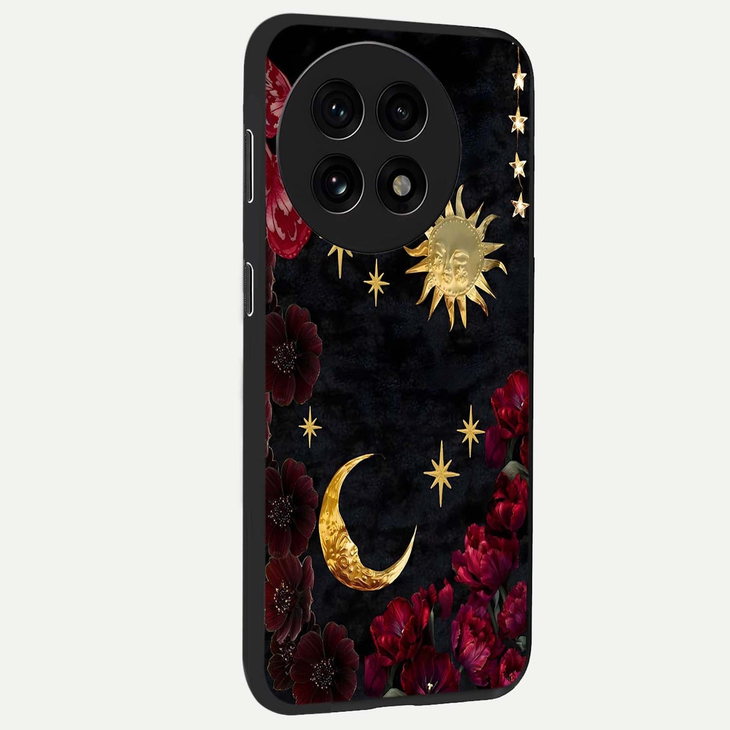 Sunflower Custom Name Glass Case for 1+13R side perspective highlighting custom typography and vibrant bloom textures