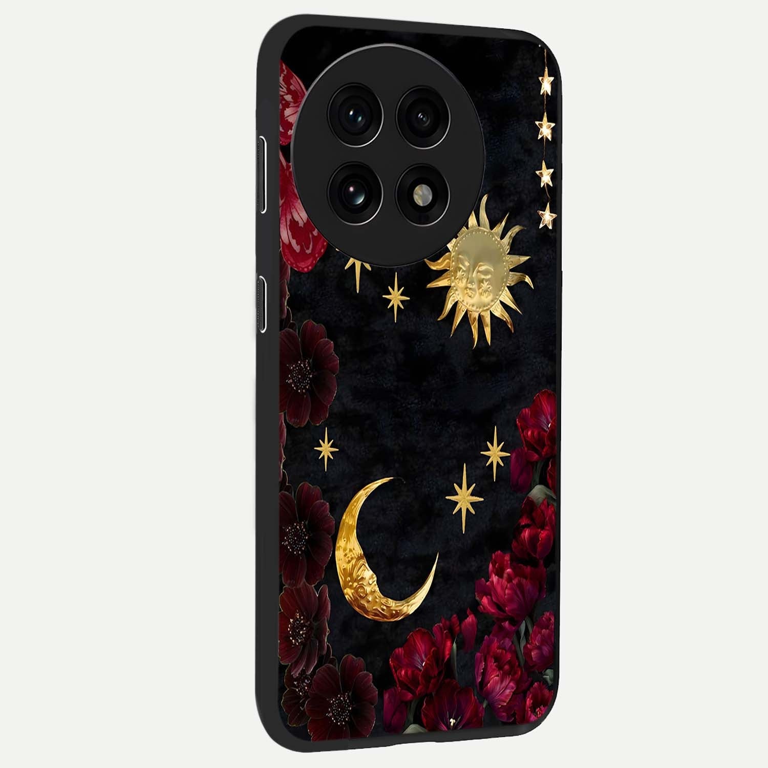 Sunflower Custom Name Glass Case for 1+13R side perspective highlighting custom typography and vibrant bloom textures
