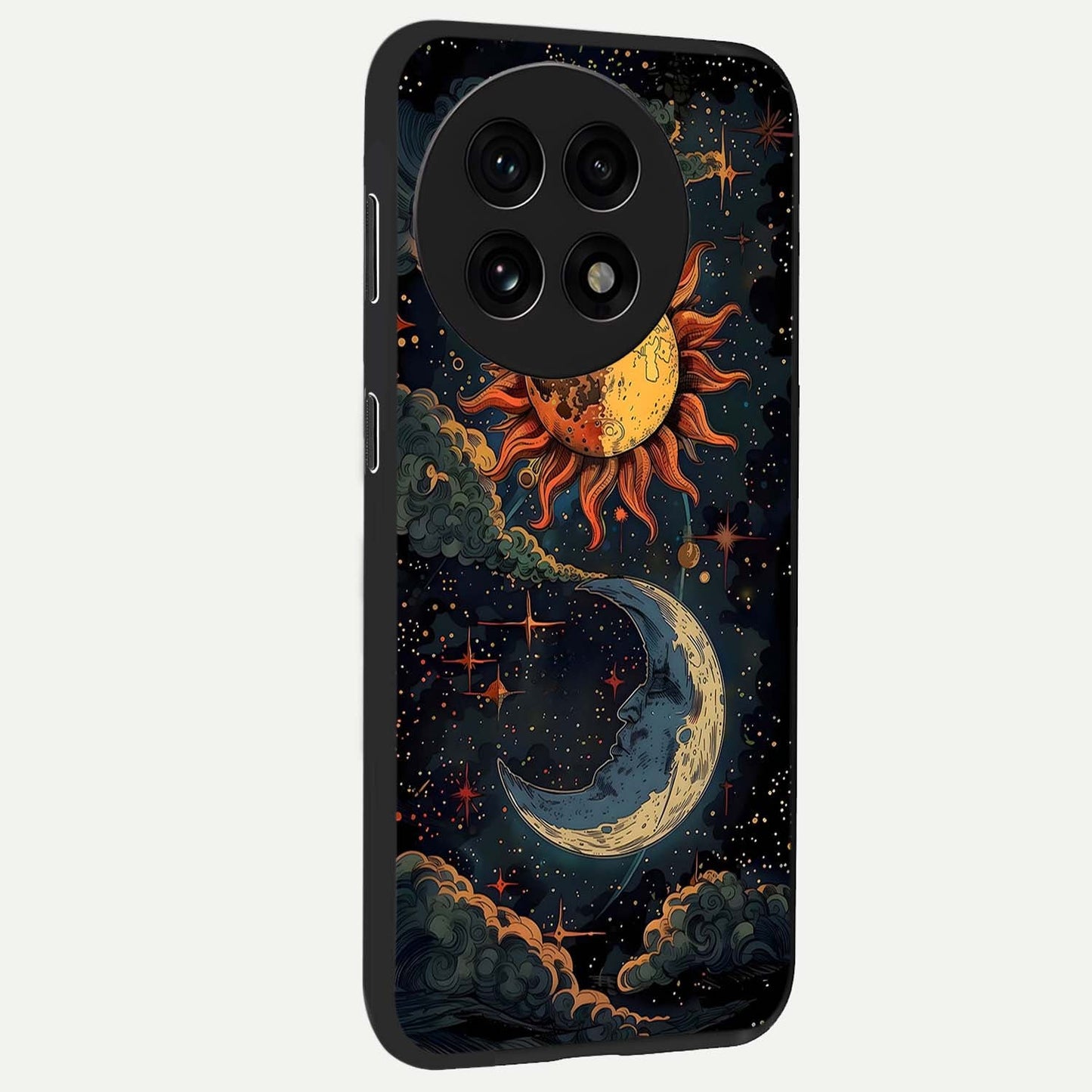 Sun and Moonflowers Glass Case for 1+13R side perspective highlighting colorful bloom textures and smooth build