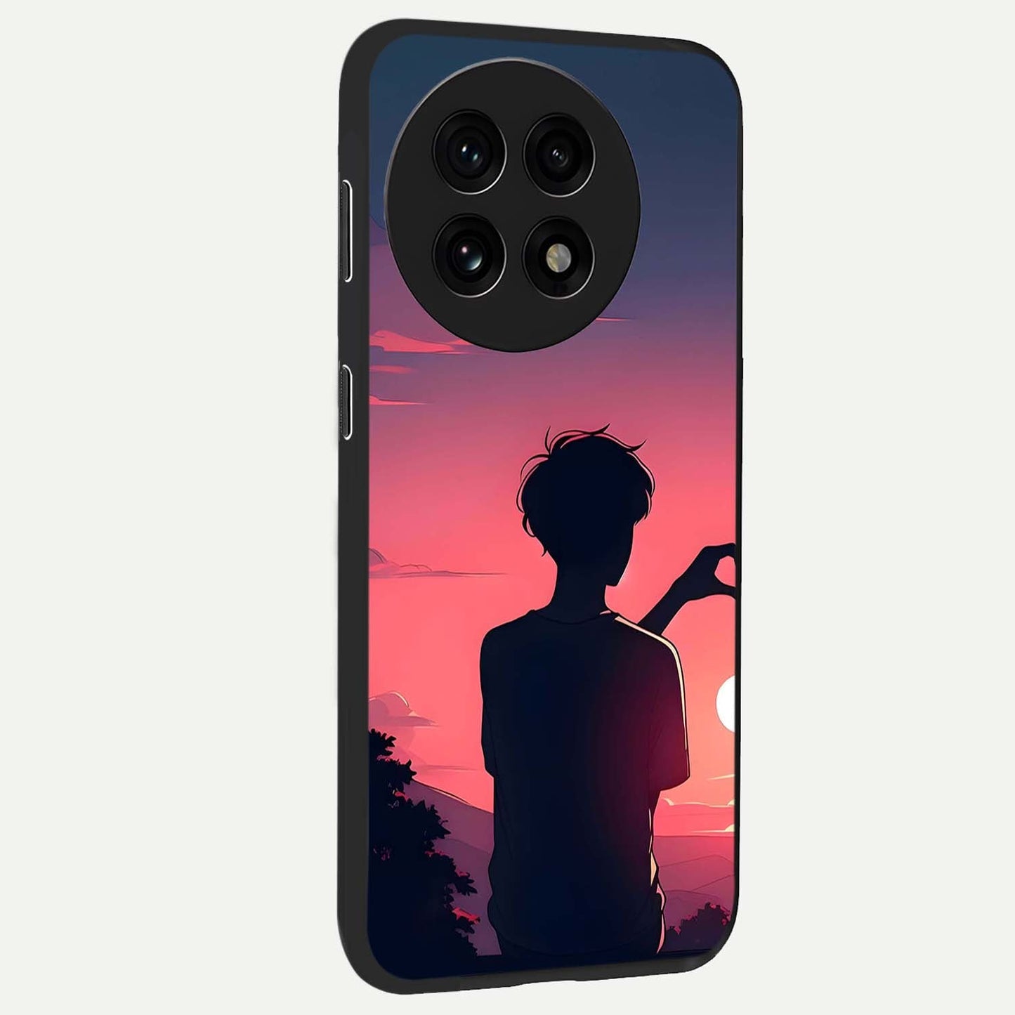 Sunset Silhouette Girl Glass Case for 1+13R side perspective highlighting soft scenic textures and sleek premium build