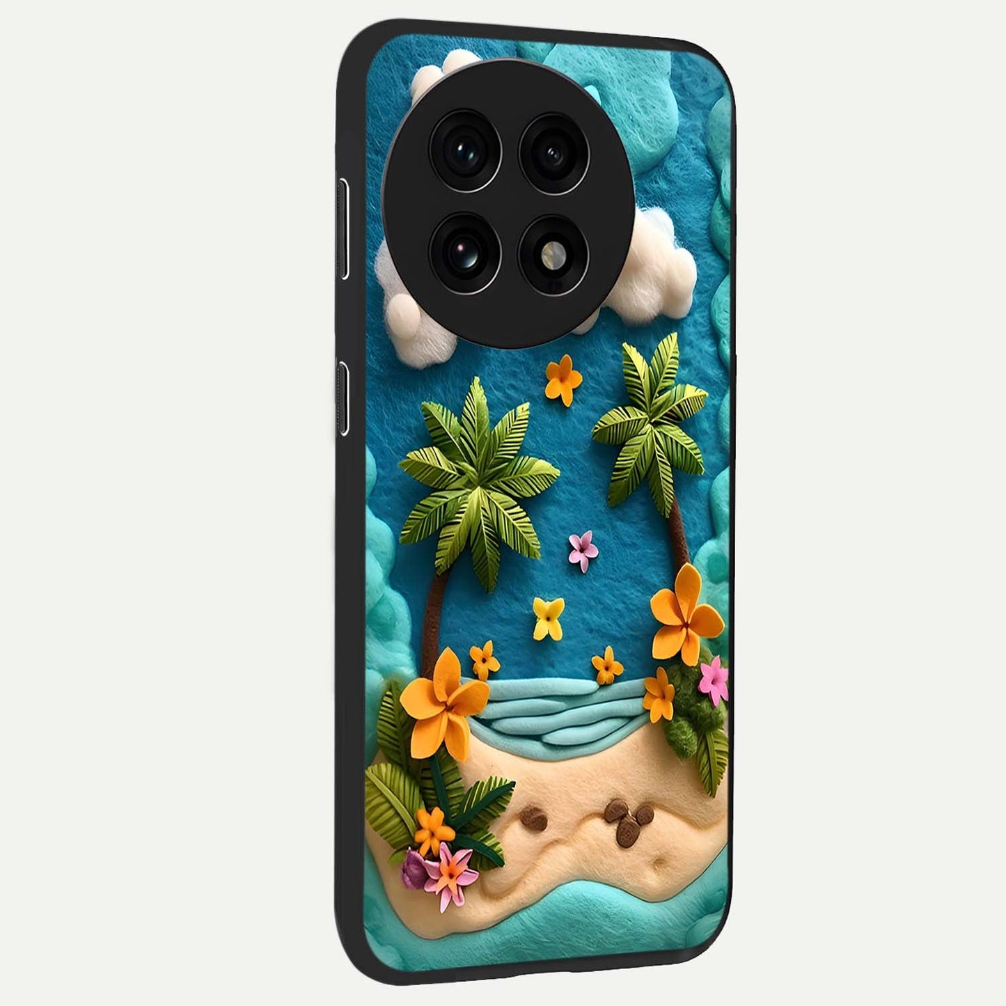 Tropical Felt Escape Glass Case for 1+13R side perspective highlighting lush textures and smooth build