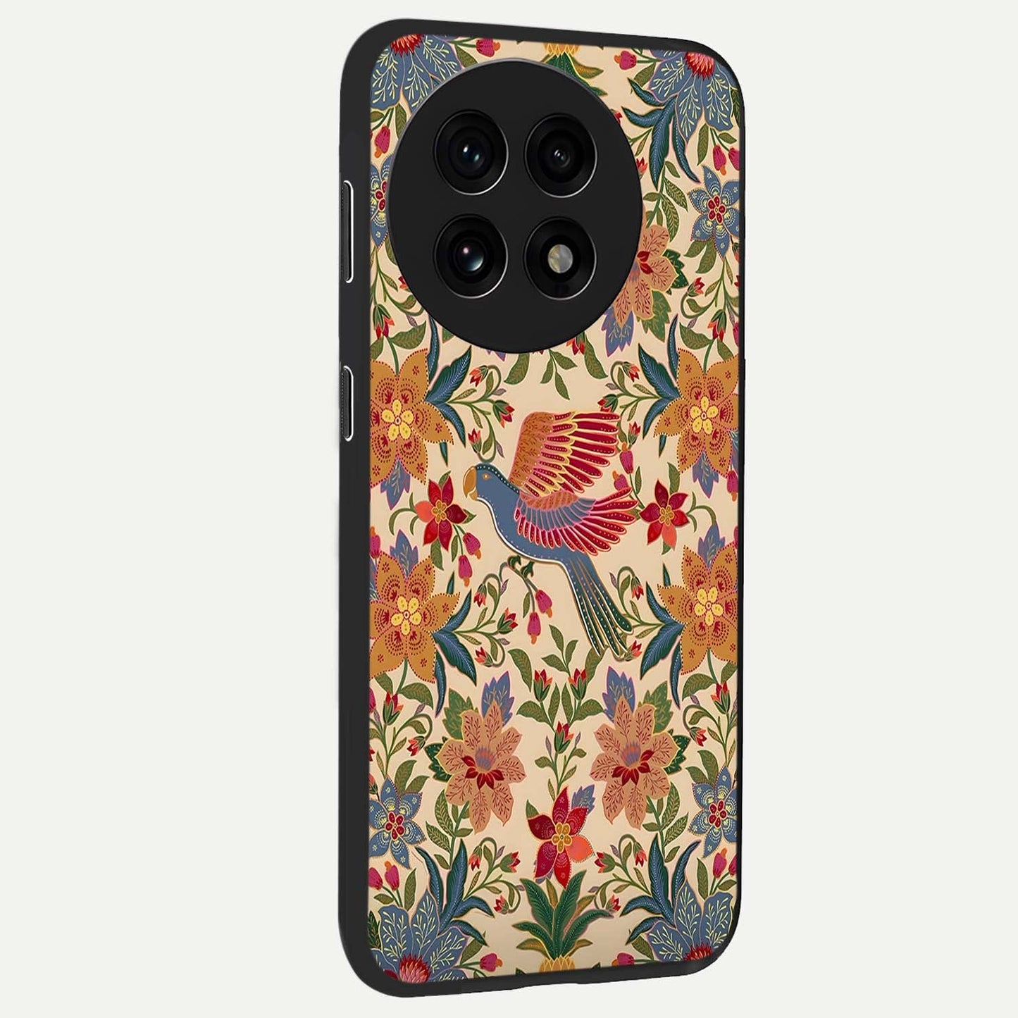Tropical Folk Art Bird Glass Case for 1+13R side perspective highlighting detailed feather textures and premium edges