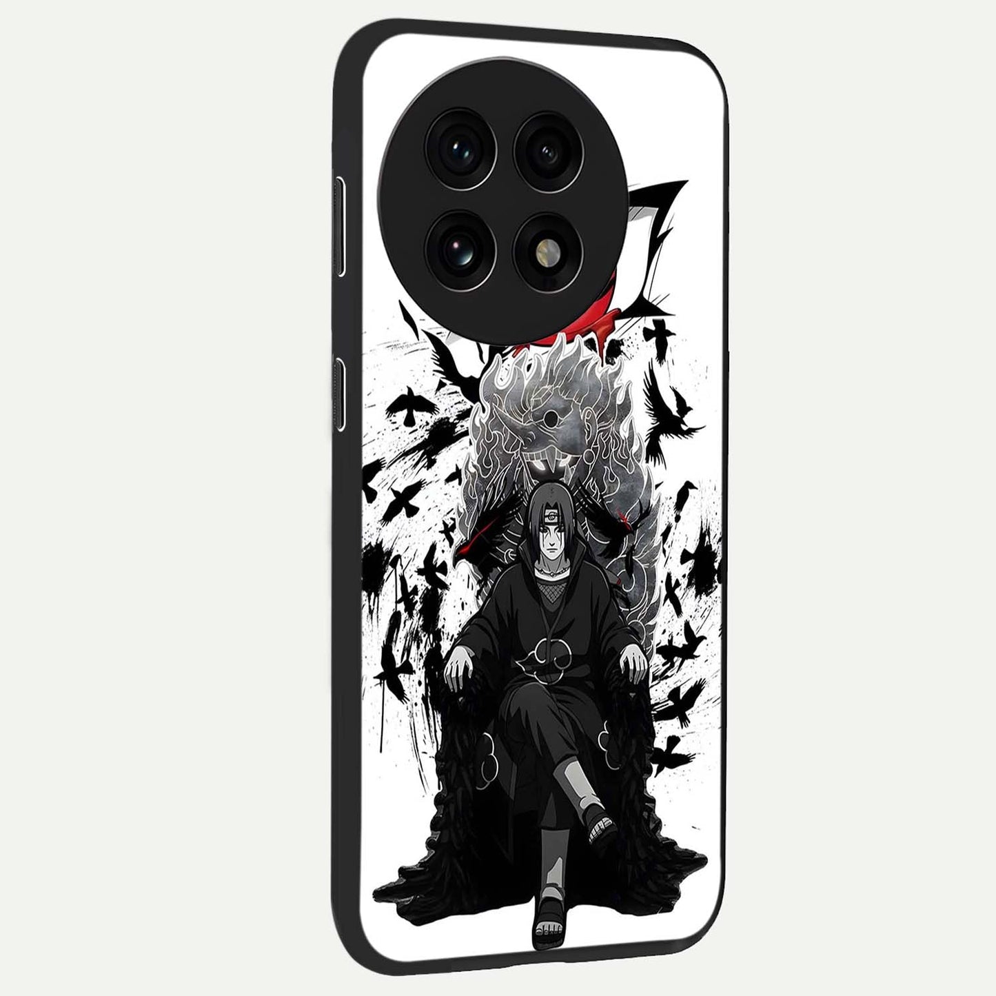 Uchiha Shadow Throne Glass Case for 1+13R side perspective highlighting bold character textures and premium edges