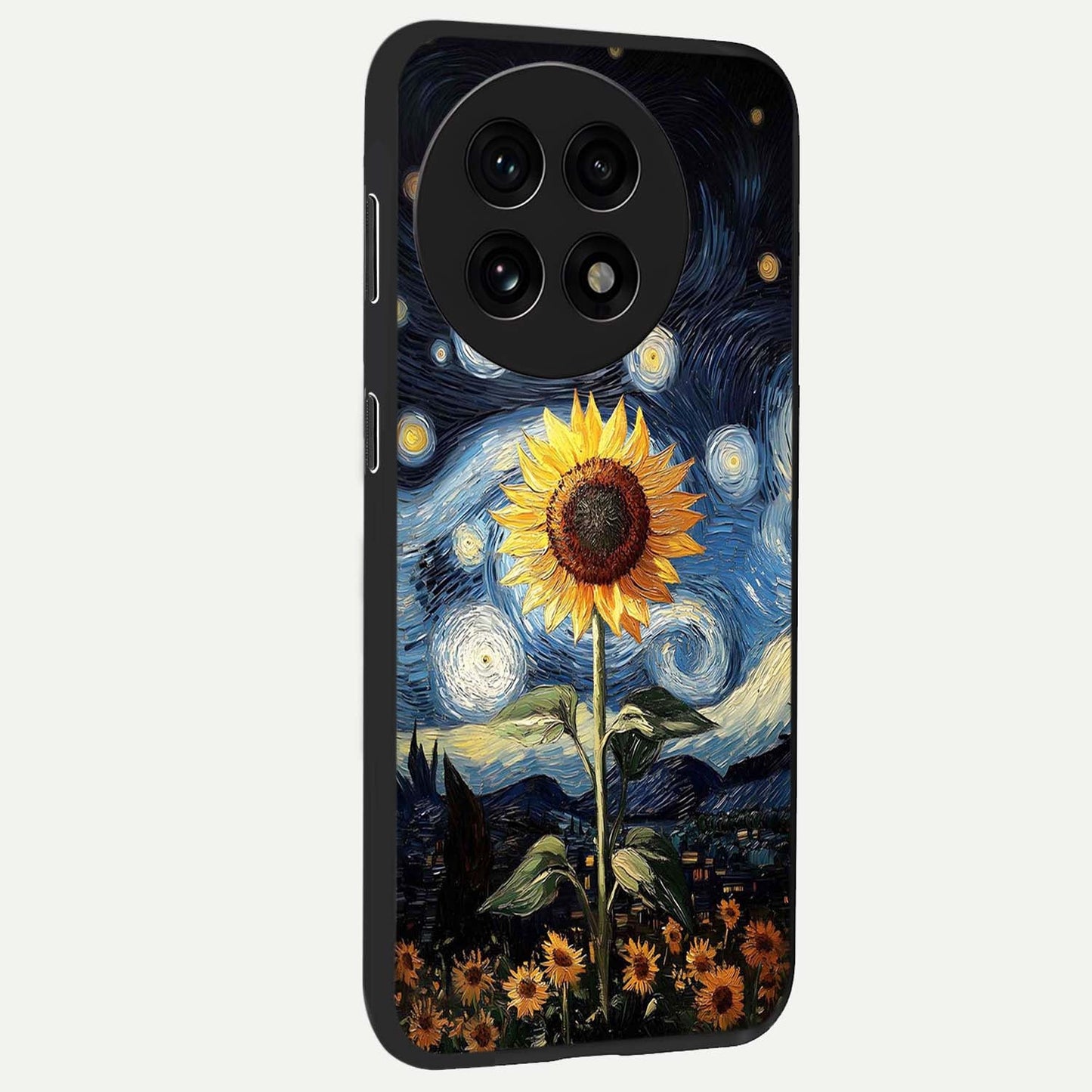 Van Gogh Sunflower Glass Case for 1+13R side perspective highlighting textured brushstroke details and premium edges