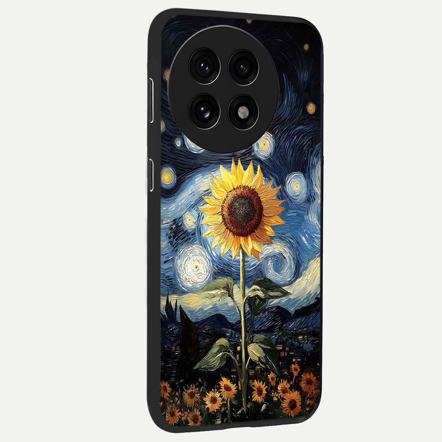 Van Gogh Sunflower Glass Case for 1+13R side perspective highlighting textured brushstroke details and premium edges