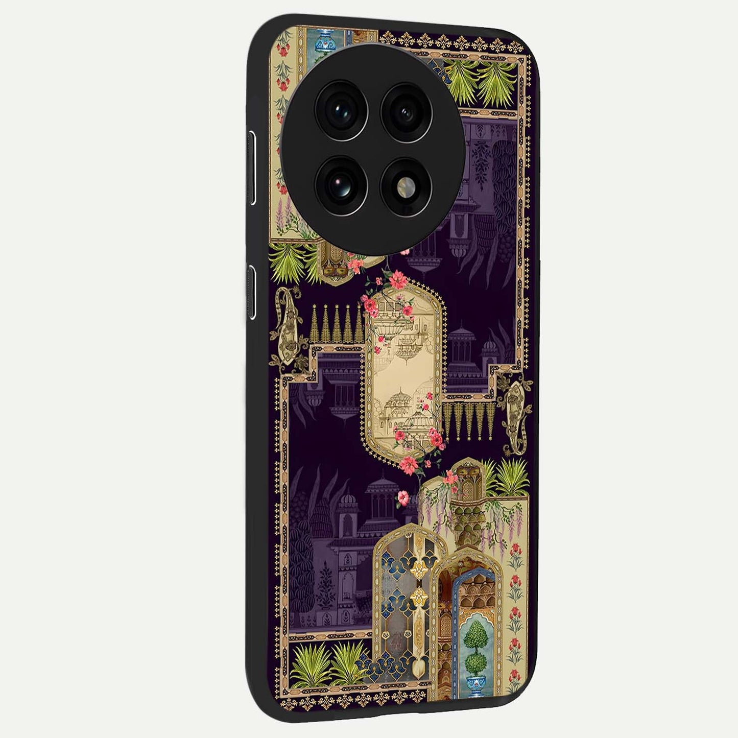 Velvet Mughal Art Glass Case for 1+13R side perspective highlighting ornate detailing and smooth premium build
