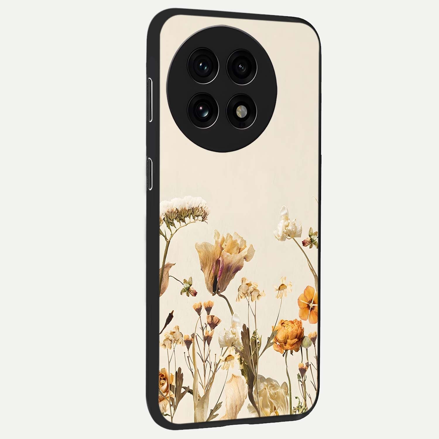 Vintage Petal Love With Custom Name Glass Case for 1+13R side perspective highlighting custom typography and delicate bloom textures