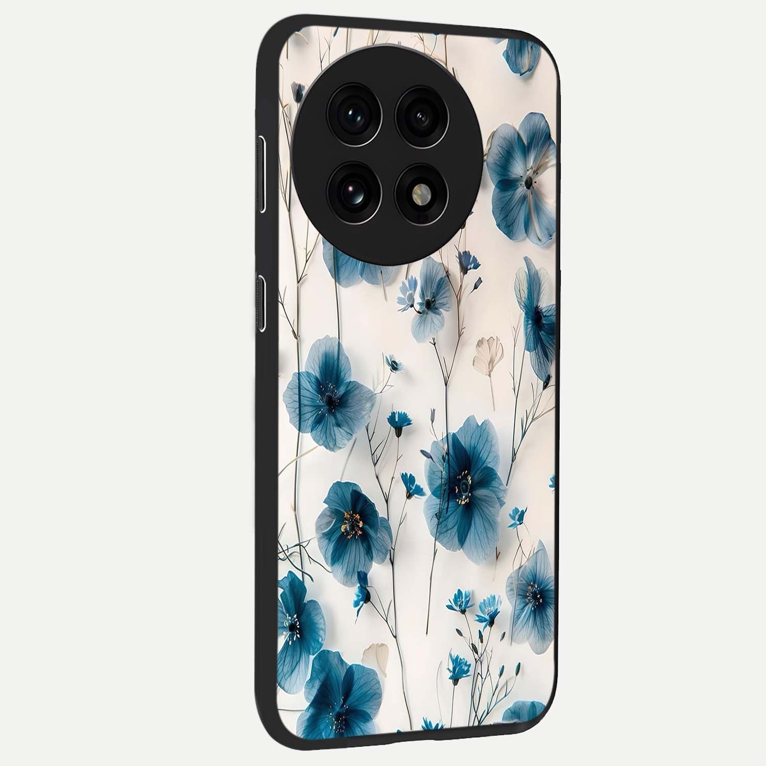 Whispers of Blue Bloom Glass Case for 1+13R side perspective highlighting intricate bloom textures and premium edges