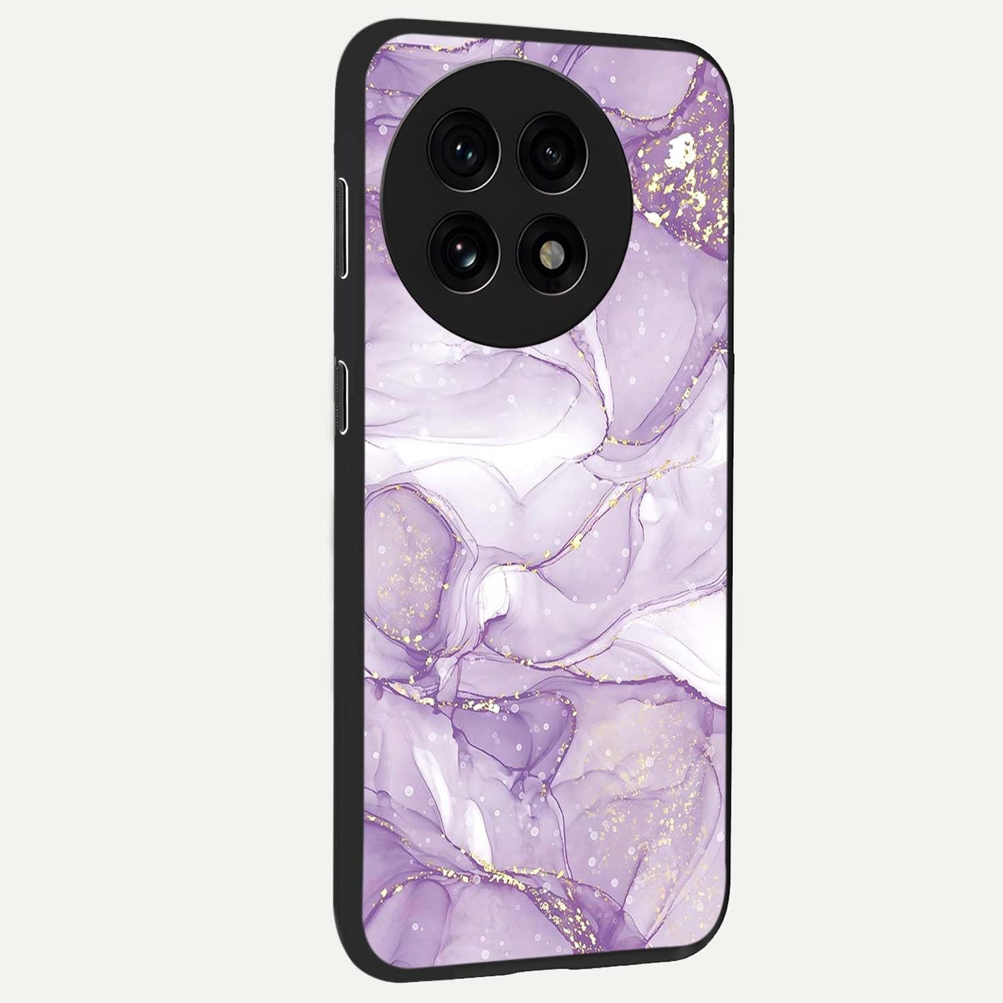White and Purple Marble Glass Case for 1+13R side perspective highlighting smooth marble textures and premium edges