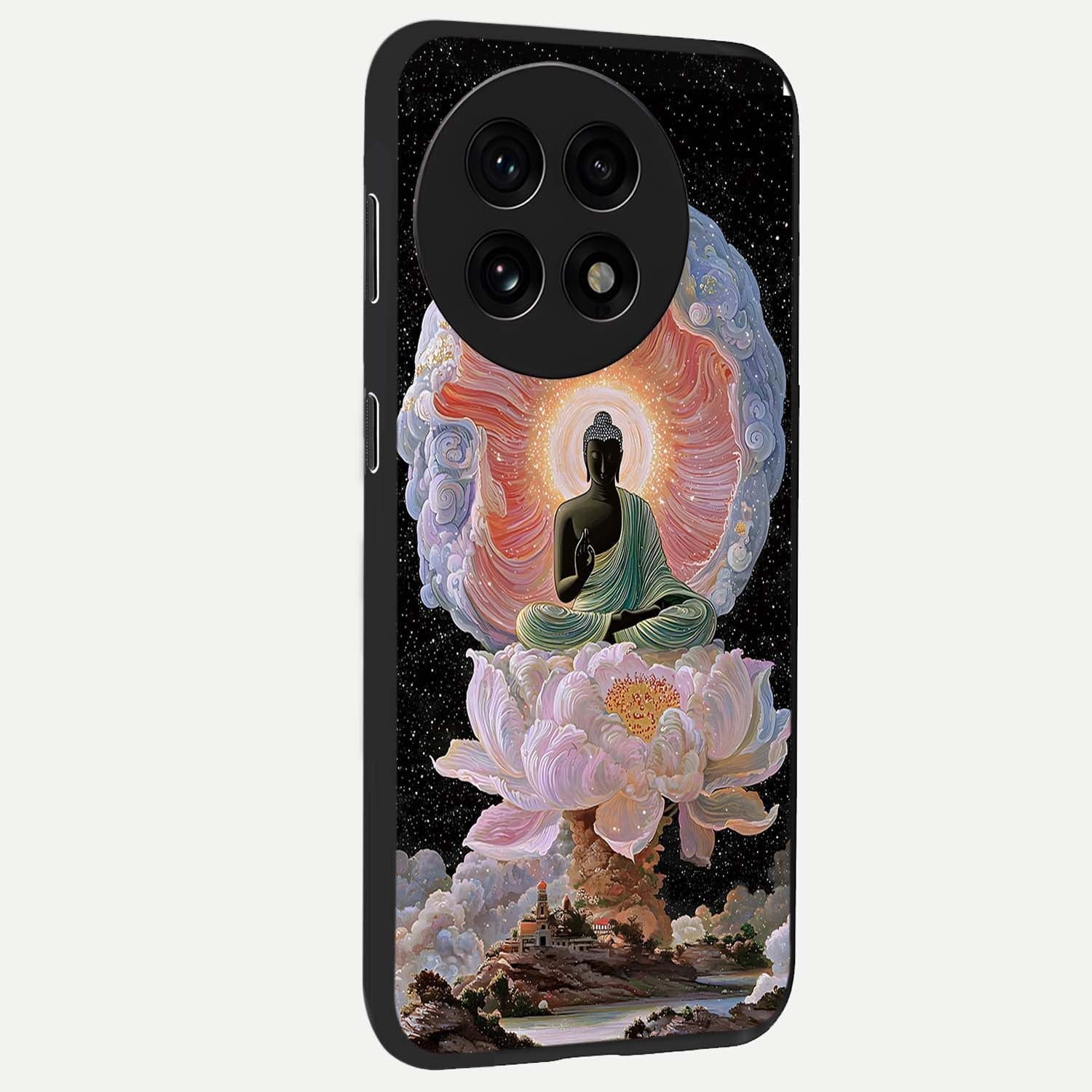 Zen Lotus Realm Glass Case for 1+13R side perspective highlighting refined textures and smooth premium build