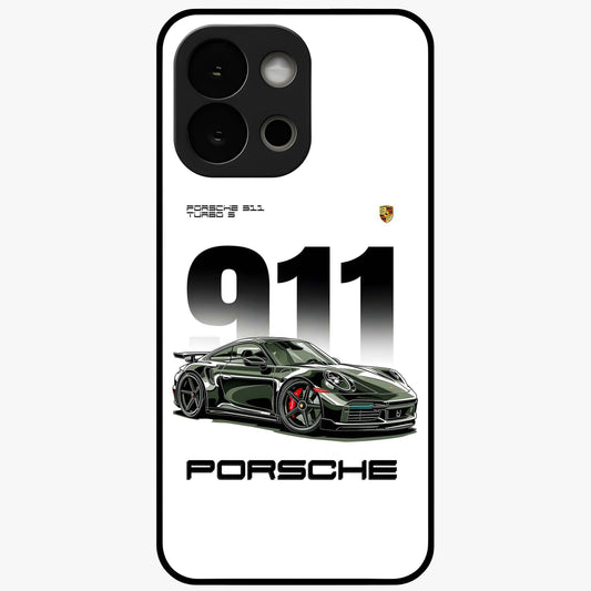 911 Turbo Dominance Glass Case for 1+13S bold front view featuring large 911 graphic and detailed green Porsche sports car artwork