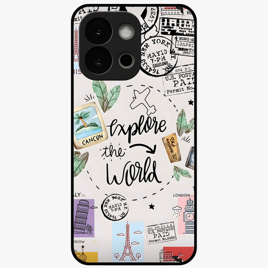 Adventure Awaits Art Glass Case for 1+13S front view featuring bold travel inspired typography artwork