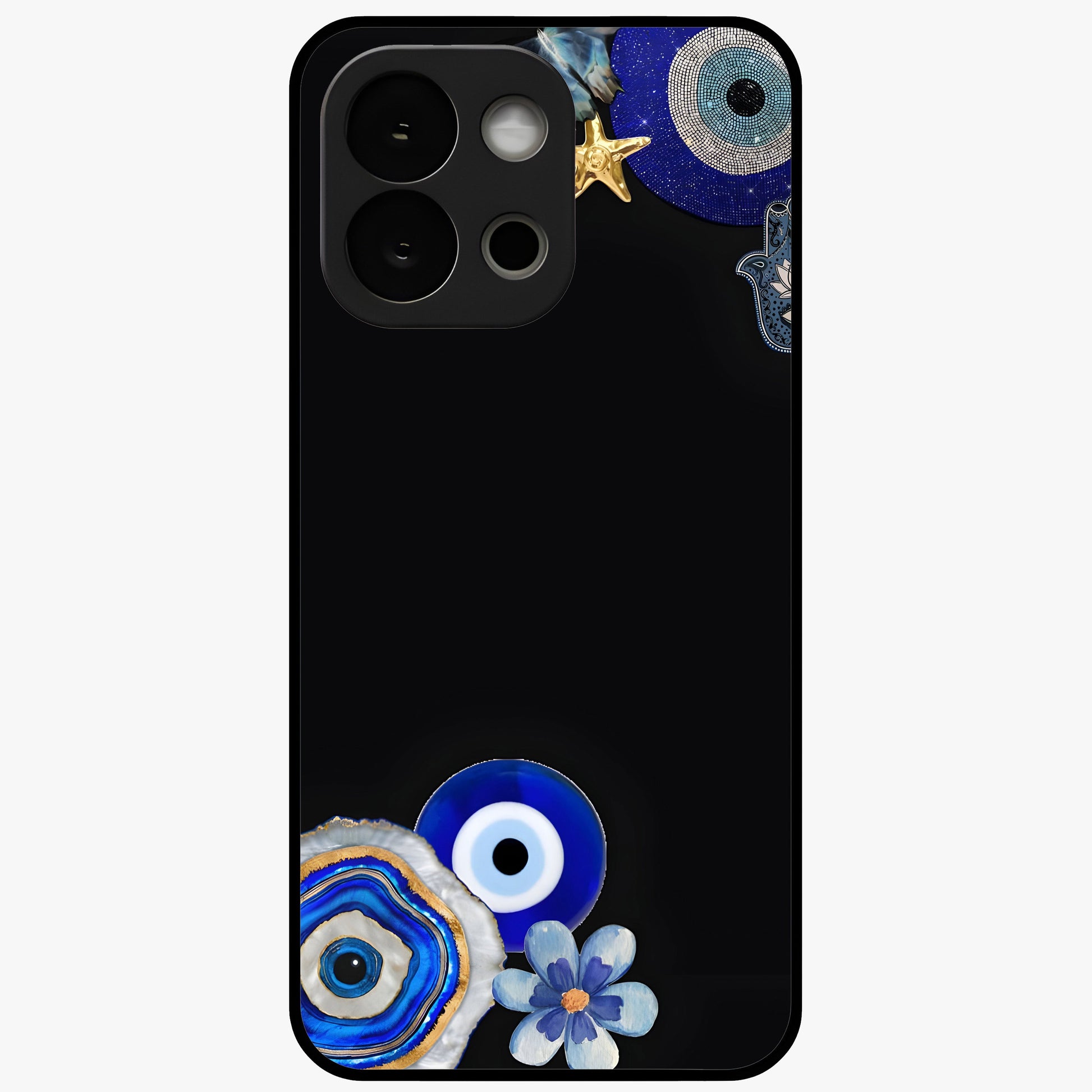 Aesthetic Blue Evil Eye Glass Case for 1+13S front view featuring vibrant traditional evil eye artwork