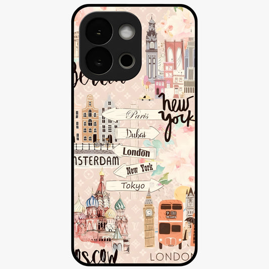 Aesthetic Travel Glass Case for 1+13S front view featuring wanderlust inspired travel artwork