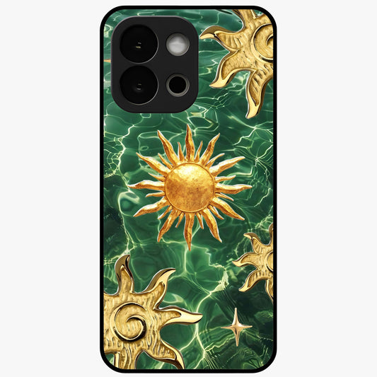 Aqua Sun Mirage Glass Case for 1+13S vibrant front view featuring aqua blue sun inspired artwork