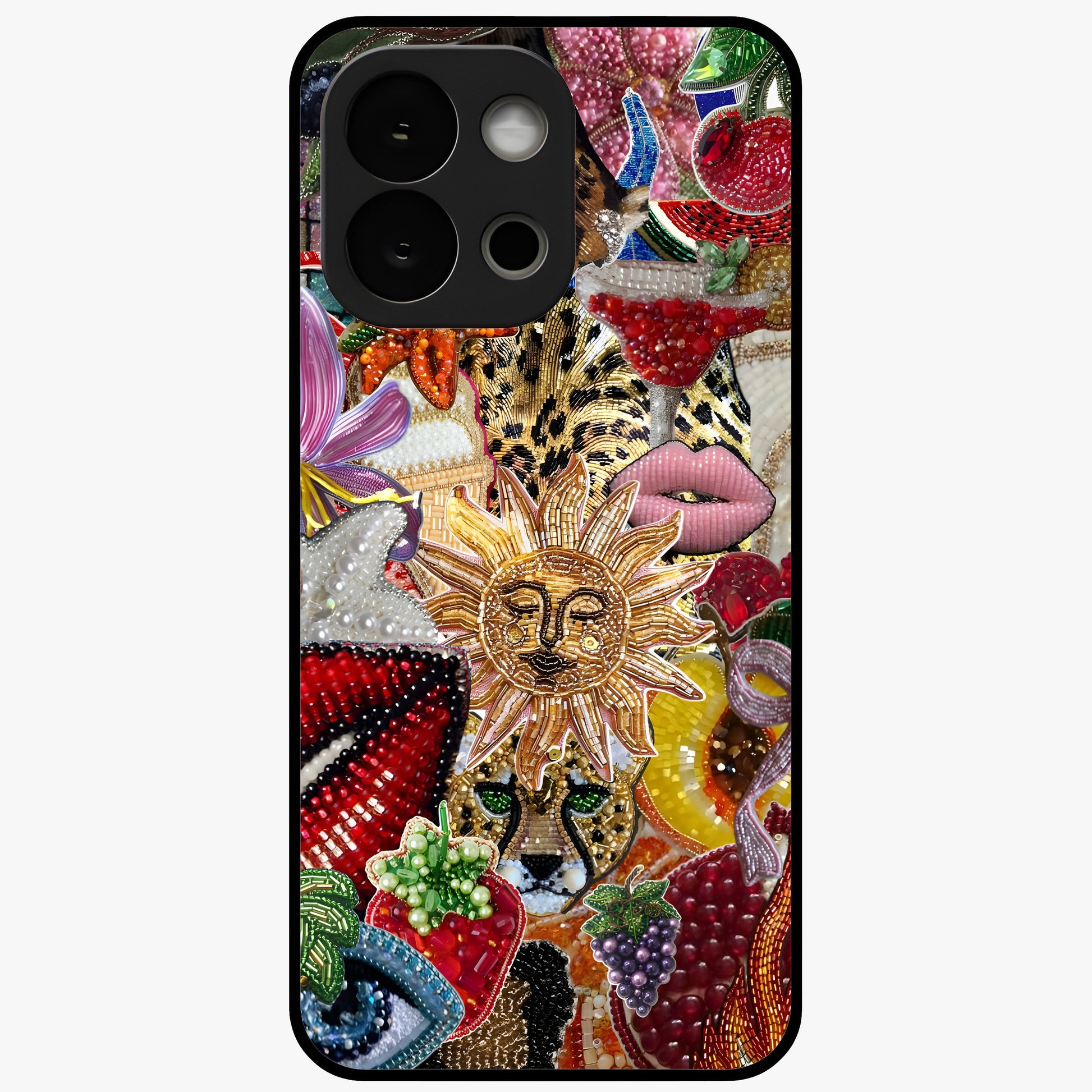 Beaded Fashion Jungle Glass Case for 1+13S bold front view featuring beaded jungle themed artwork