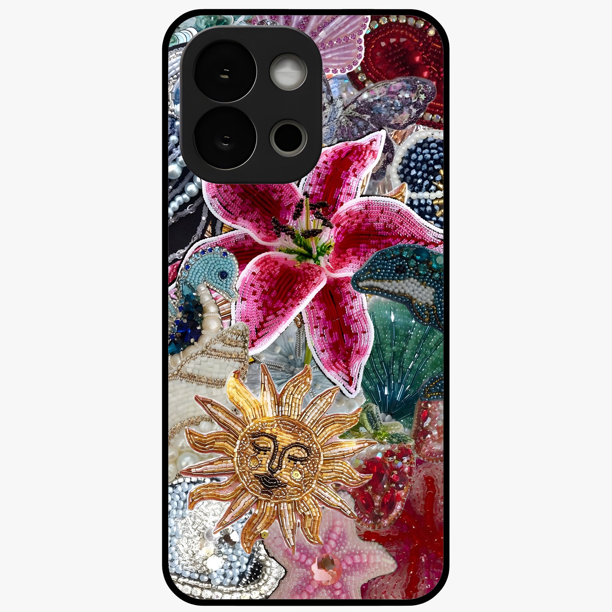 Beaded Garden Fantasy Glass Case for 1+13S front view featuring colorful beaded floral garden artwork