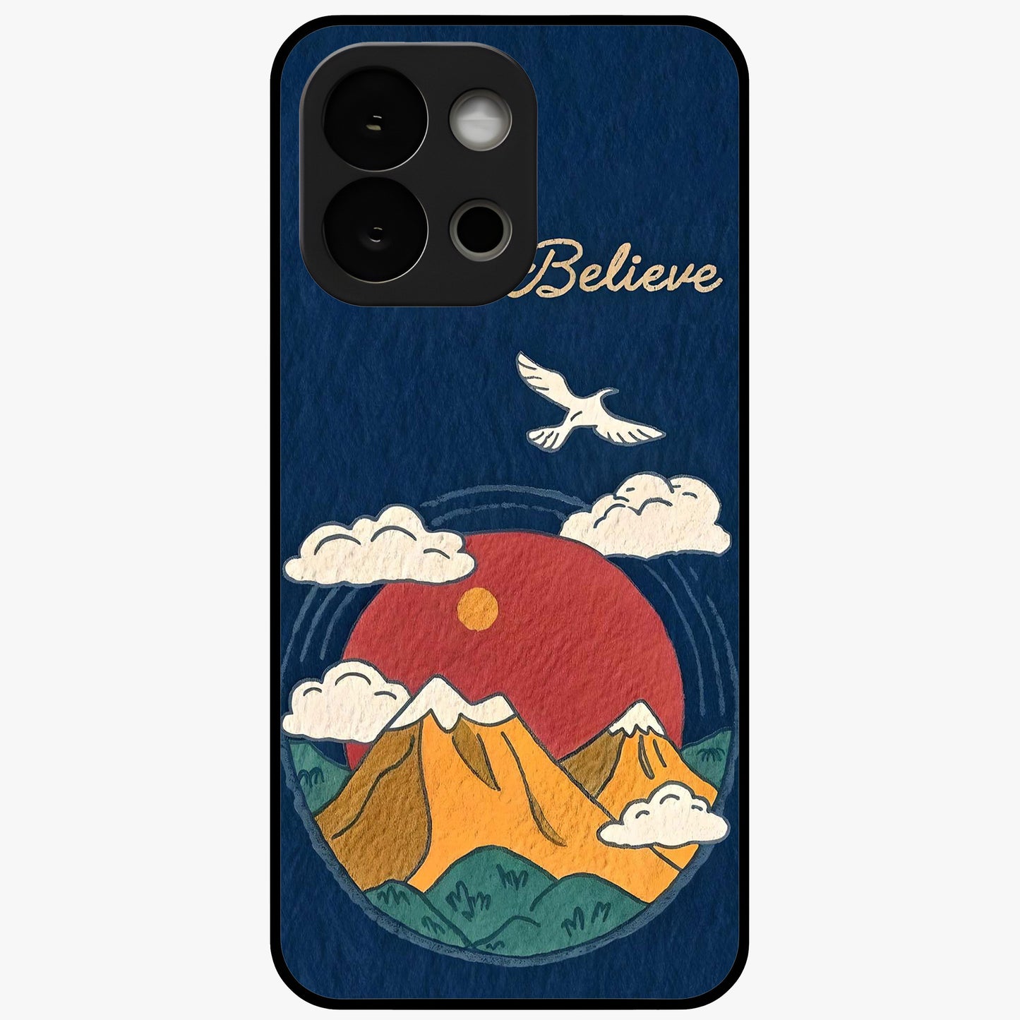Believe Sky Escape Glass Case for 1+13S inspirational front view featuring sky inspired artwork with uplifting message