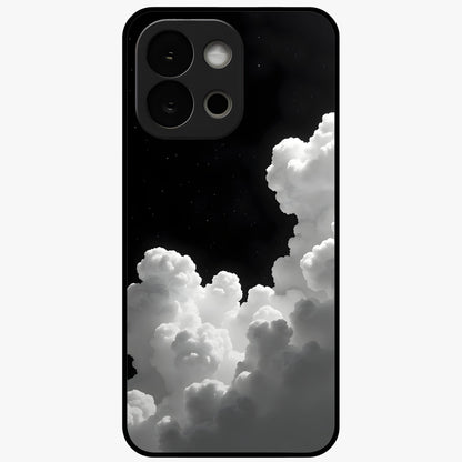 Black Background With White Cloud Glass Case for 1+13S striking front view featuring white cloud artwork on deep black backdrop