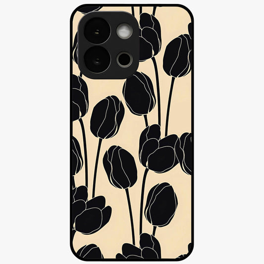 Black Designer Tulip Glass Case for 1+13S elegant front view featuring refined tulip artwork on black background