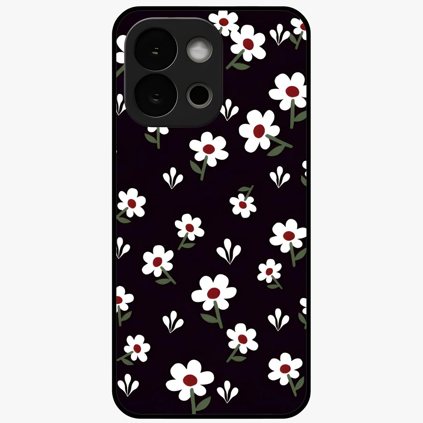 Black Prints Daisy Flower Pattern Glass Case for 1+13S front view featuring white daisy floral artwork on black base