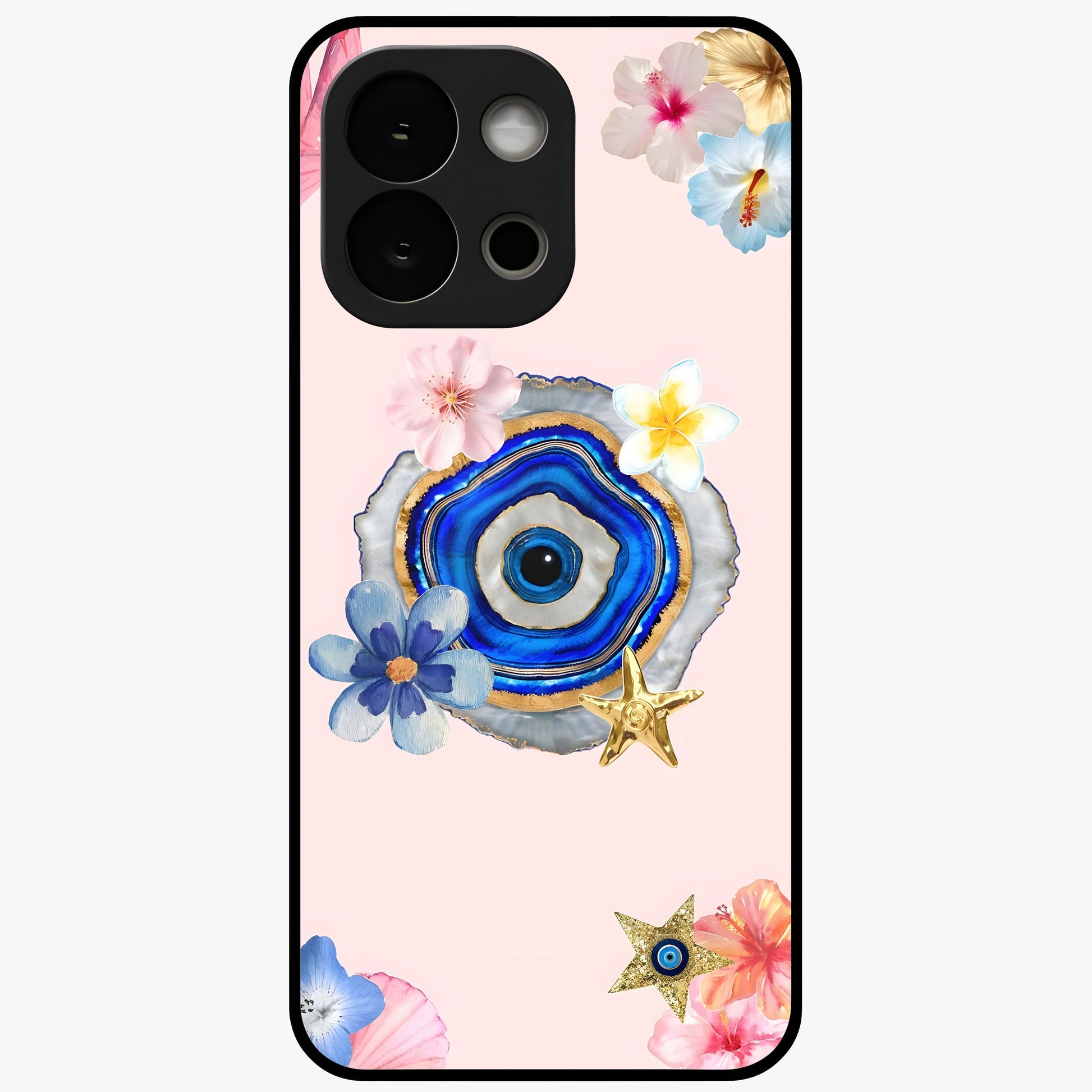 Blossom Evil Charm Glass Case for 1+13S elegant front view featuring floral evil eye inspired artwork