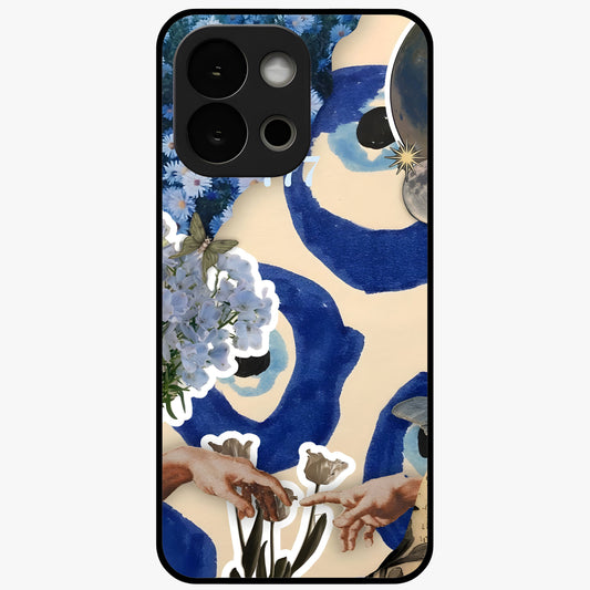 Blue Evil Divine Glass Case for 1+13S bold front view featuring vibrant evil eye artwork with divine aesthetic tones