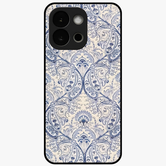 Blue Paisley Bloom Glass Case for 1+13S angled mockup showcasing glossy finish and detailed ornamental design