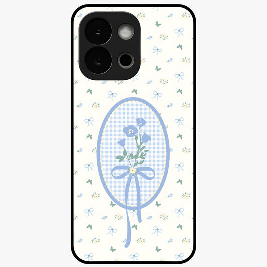 Blue Ribbon Bloom Glass Case for 1+13S elegant front view featuring soft floral artwork with ribbon accents