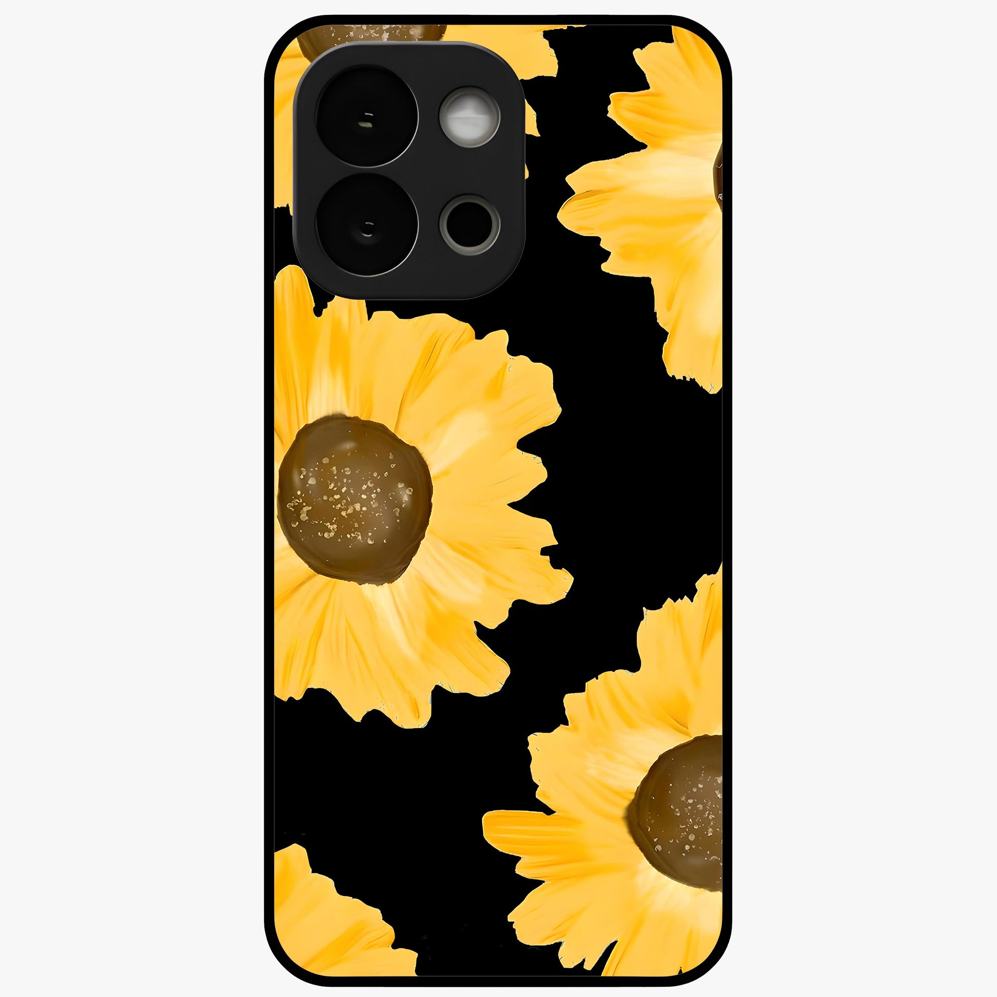 Bold Sunflowers Glow Glass Case for 1+13S vibrant front view featuring radiant sunflower artwork with warm golden tones