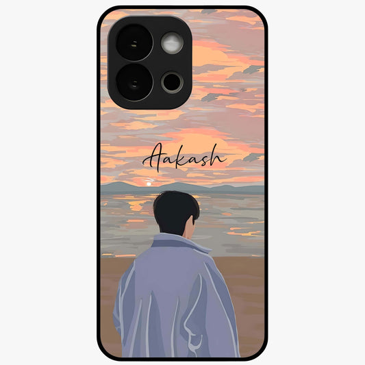 Boy Facing Sunset Beach Glass Case for 1+13S scenic front view featuring silhouette artwork against glowing sunset sky