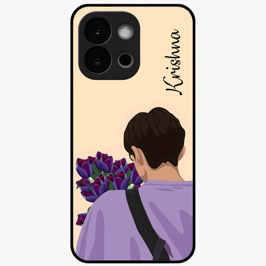 Boy Holding Flowers Glass Case for 1+13S aesthetic front view featuring soft illustrated character holding floral bouquet
